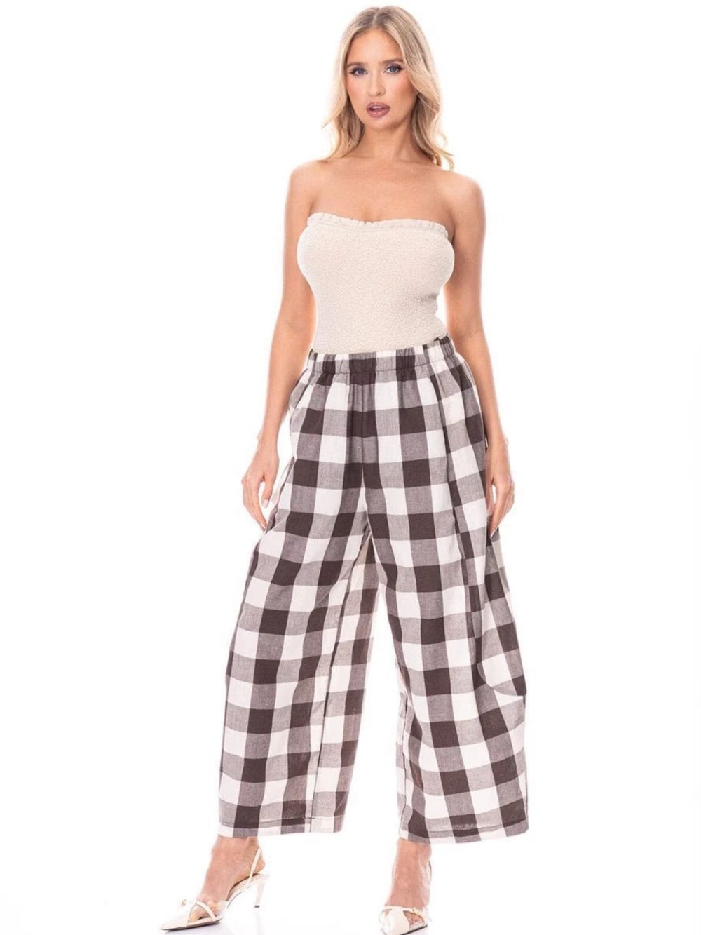 Galita Gingham Barrel Wide Leg Pull On Elastic Waist Pants Brown White Large